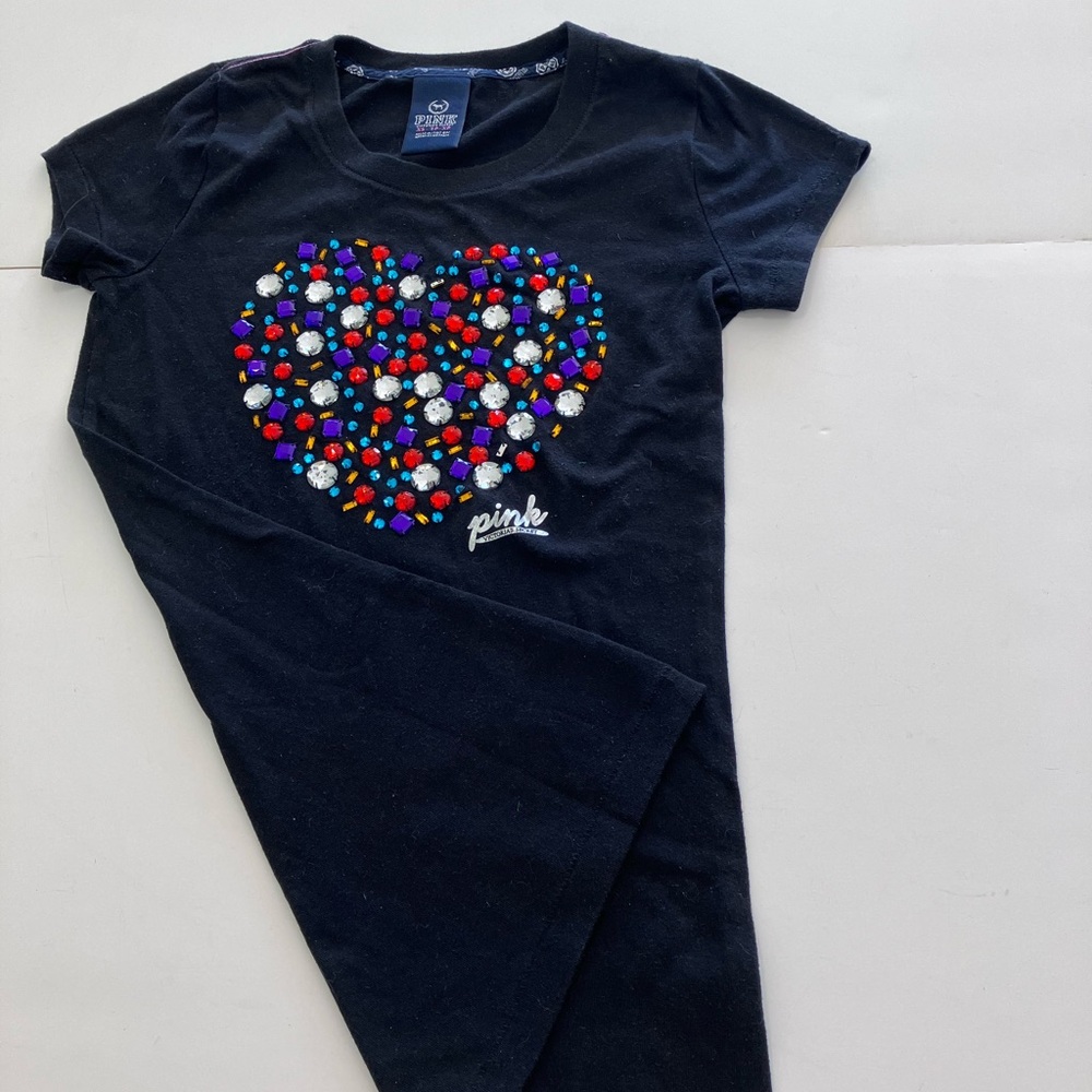 PINK Victoria's Secret Black Tee with Colorful Heart of colorful adornment